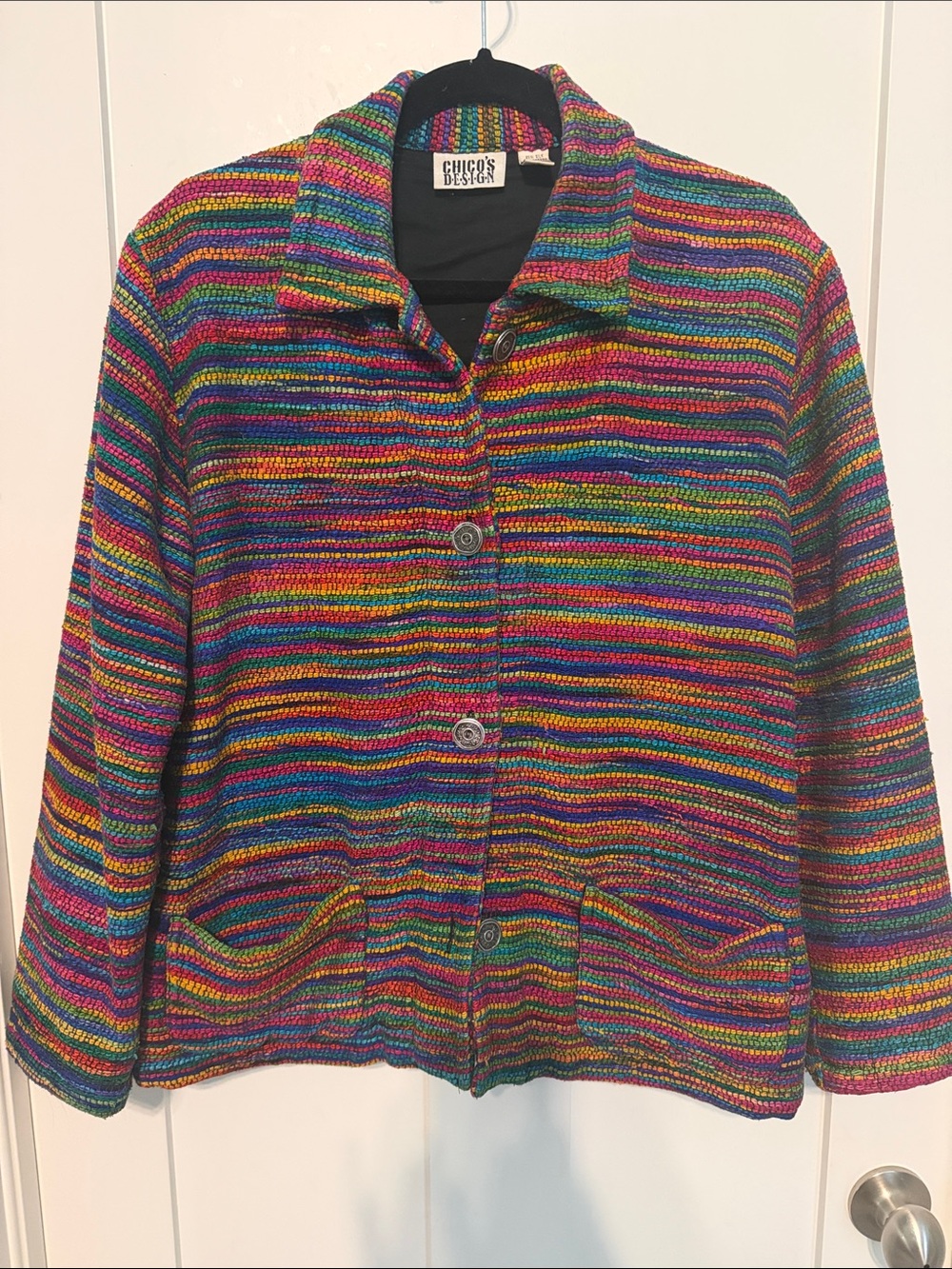 Chico's Multicolor Silk and Cotton Blend Rainbow Striped Button-Front Jacket